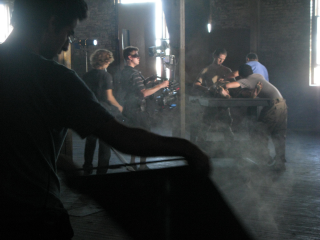 New York studio crew filming demonstration of forced feeding.